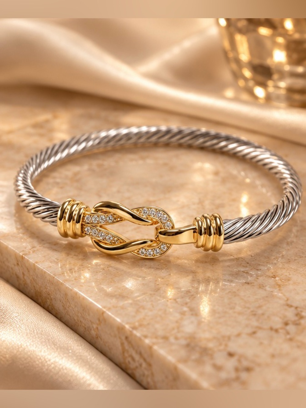 Two-Tone Cable Cuff Bracelet with Crystal Knot Accent